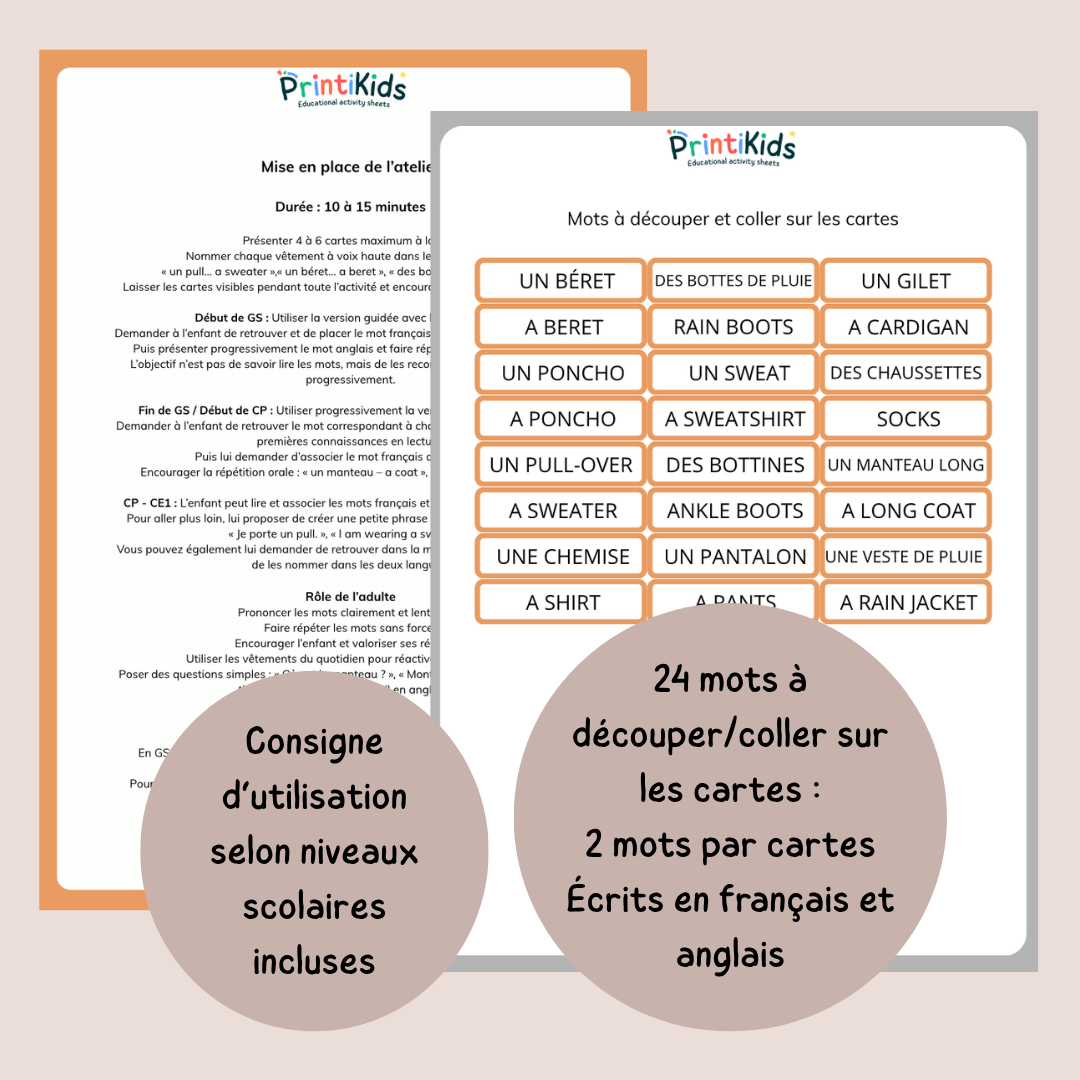 🇫🇷🇬🇧 Cartes de vocabulaire bilingues français anglais - Les vêtements d’automne – GS CP CE1