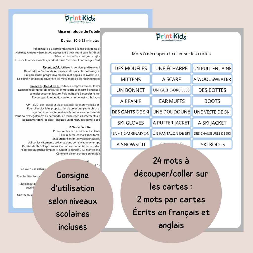 🇫🇷🇬🇧 Cartes de vocabulaire bilingues français anglais – Les vêtements d’hiver – GS CP CE1