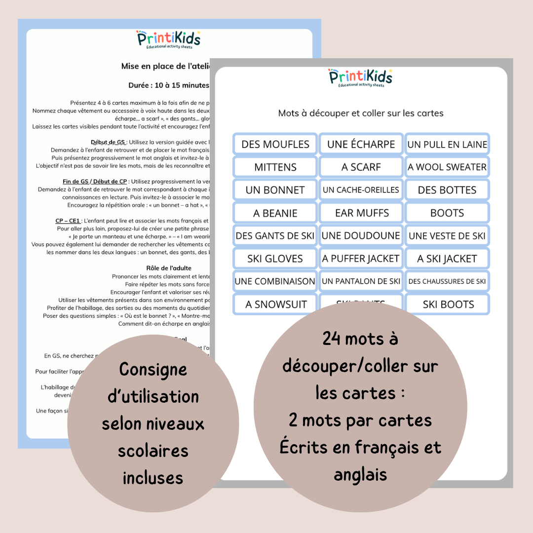 🇫🇷🇬🇧 Cartes de vocabulaire bilingues français anglais – Les vêtements d’hiver – GS CP CE1