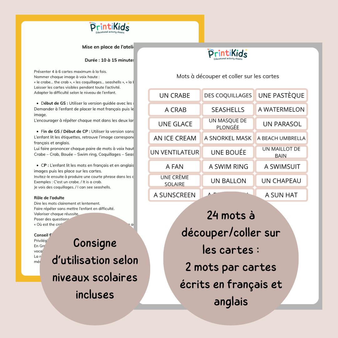 🇫🇷🇬🇧 Cartes de vocabulaire bilingues français anglais – L'été – GS CP CE1