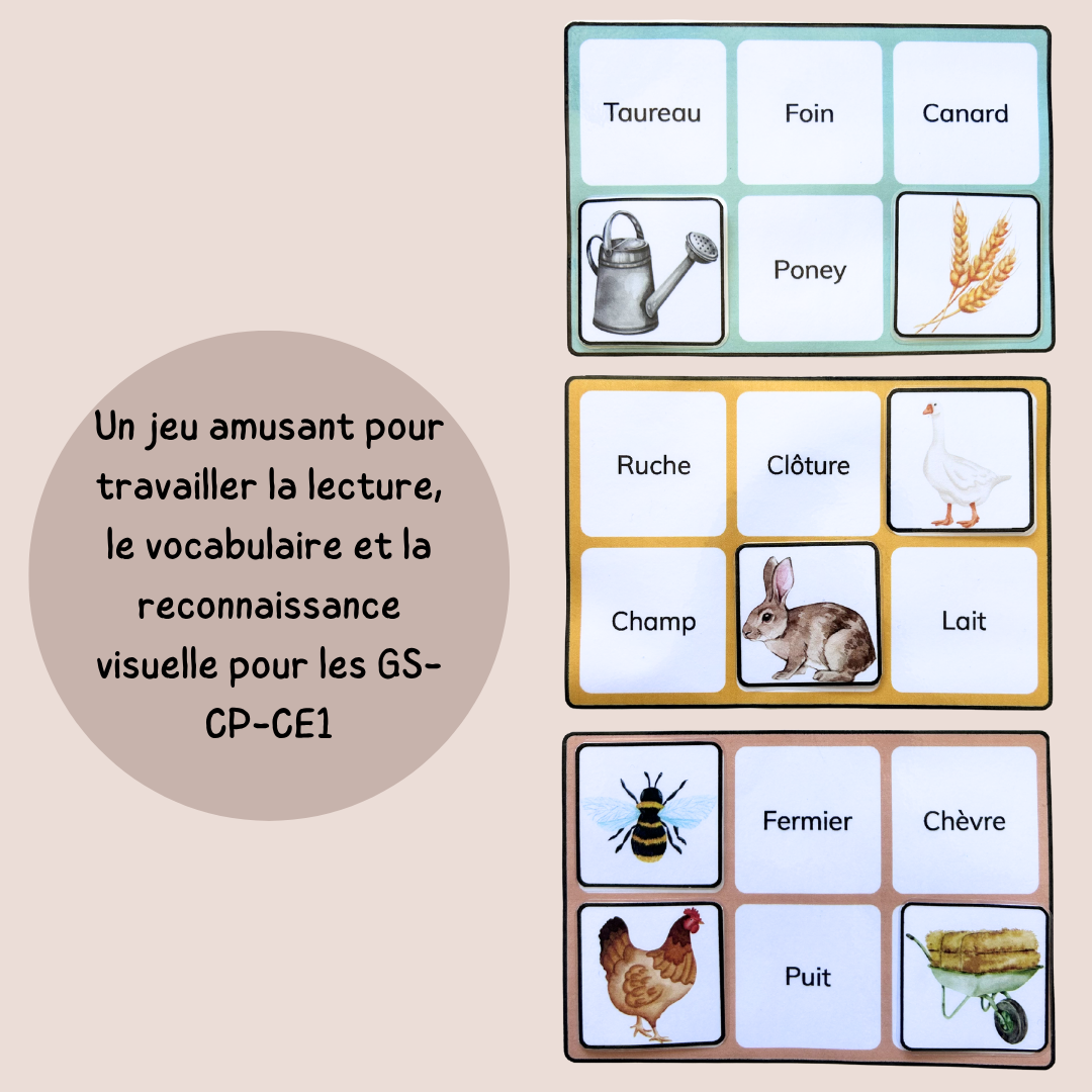 Loto de la ferme – Jeu de lecture et vocabulaire CP CE1