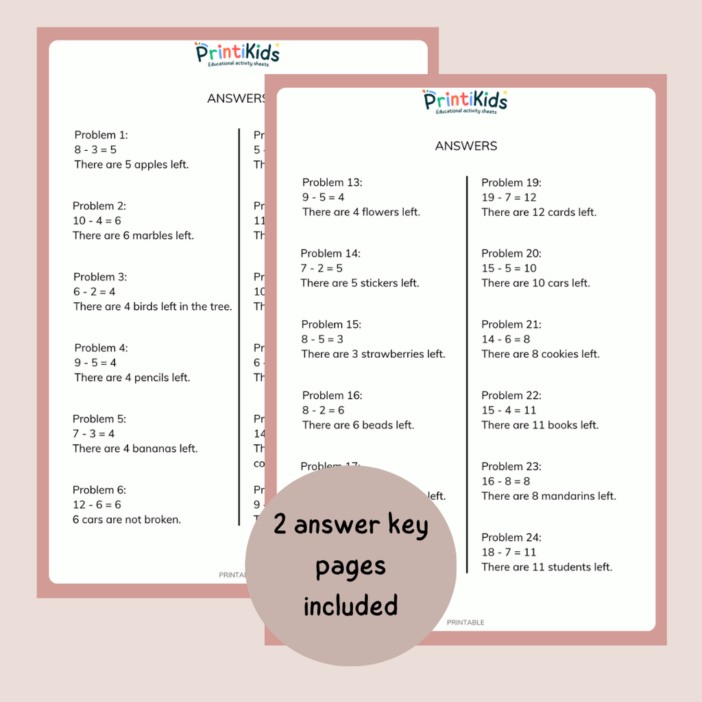 Subtraction Worksheets - Word Problems & Hands-On Activities - Grades 1 & 2