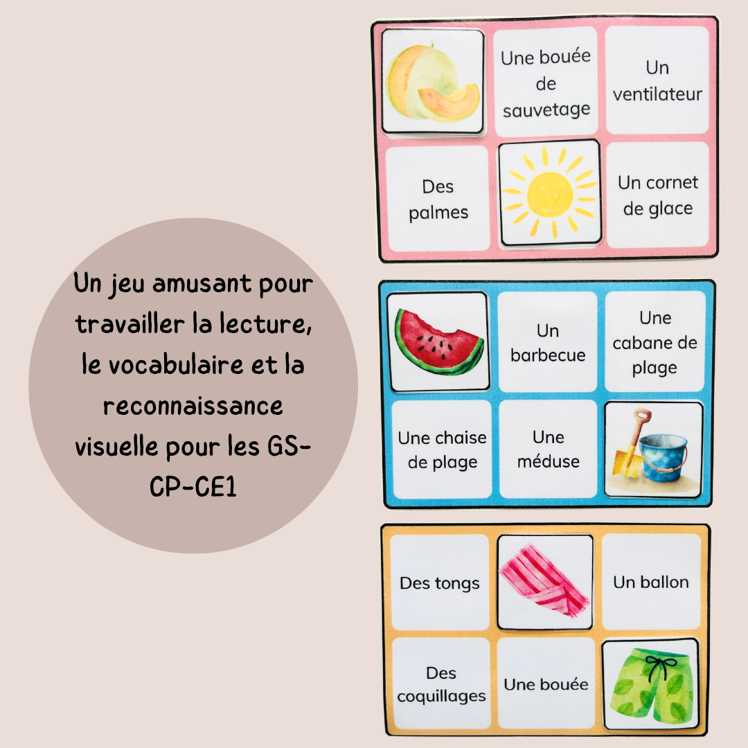 Loto des mots de l’été – Lecture et vocabulaire à imprimer CP CE1