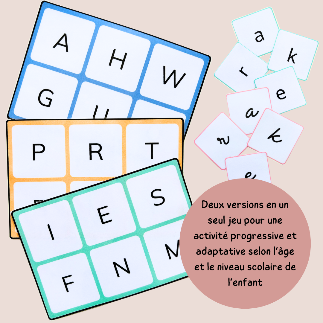 Loto des lettres à manipuler – Associer majuscules, minuscules et cursives – MS GS CP CE1