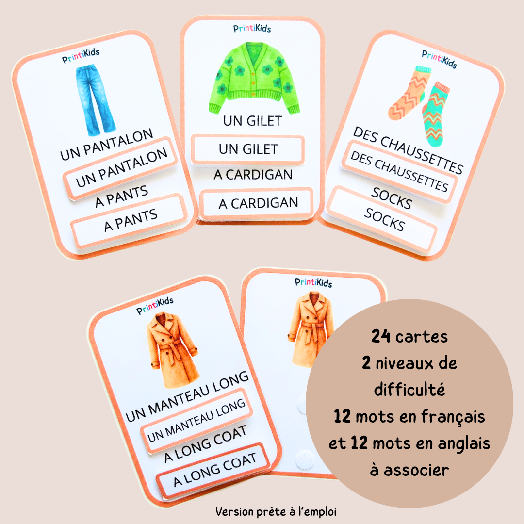 🇫🇷🇬🇧 Cartes de vocabulaire bilingues français anglais - Les vêtements d’automne – GS CP CE1