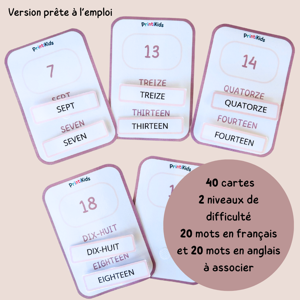 🇫🇷🇬🇧 Cartes nombres bilingues français anglais à manipuler (1 à 20) – CP CE1 CE2