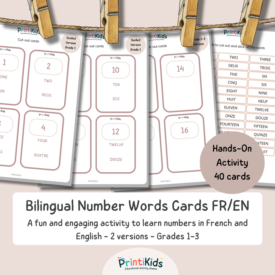 🇫🇷🇬🇧 Bilingual Number Words Cards (1–20) – Hands-On French & English Learning | Grade 1–3