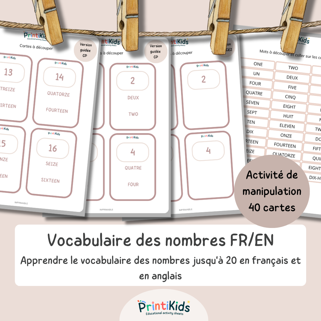 🇫🇷🇬🇧 Cartes nombres bilingues français anglais à manipuler (1 à 20) – CP CE1 CE2