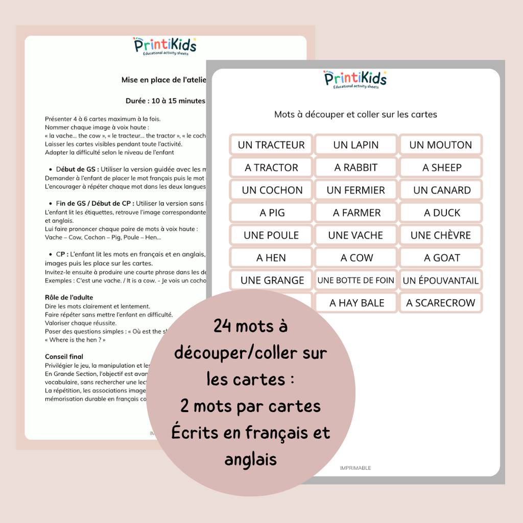 🇫🇷🇬🇧 Cartes de vocabulaire bilingues français anglais – La ferme – GS CP CE1