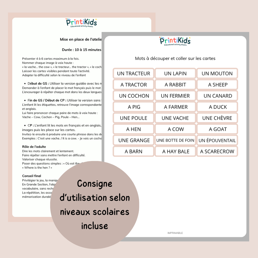 🇫🇷🇬🇧 Cartes de vocabulaire bilingues français anglais – La ferme – GS CP CE1