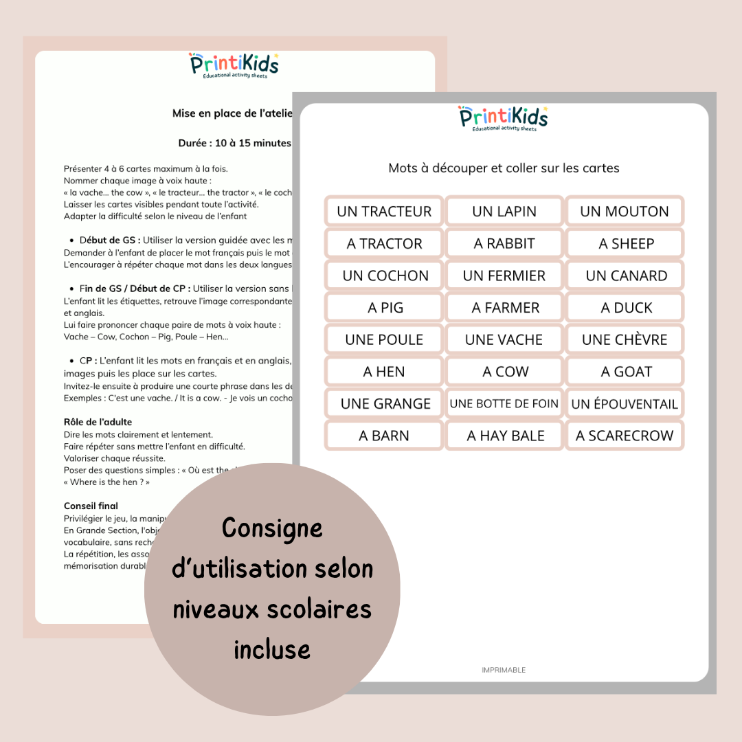 🇫🇷🇬🇧 Cartes de vocabulaire bilingues français anglais – La ferme – GS CP CE1