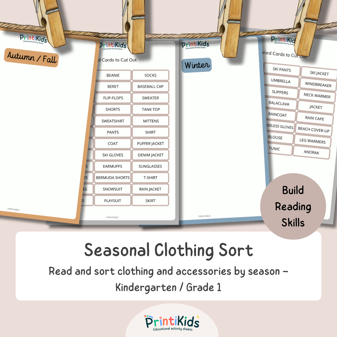Seasonal Clothing Sort – Reading & Vocabulary Activity – Kindergarten & Grade 1
