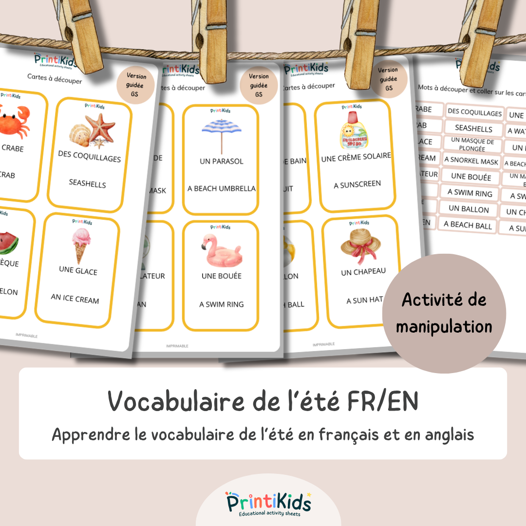 🇫🇷🇬🇧 Cartes de vocabulaire bilingues français anglais – L'été – GS CP CE1