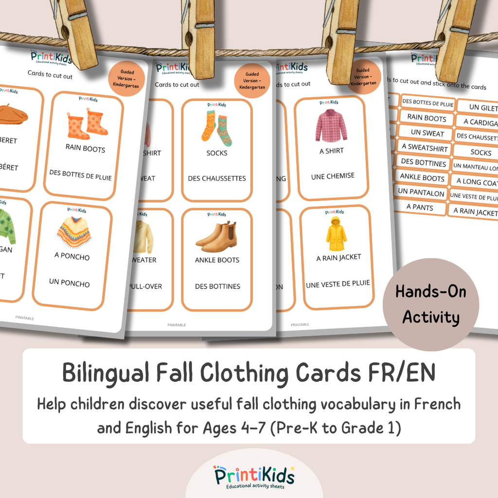 🇫🇷🇬🇧 Bilingual Clothing Flashcards for Kids –Fall vocabulary - Grade 1–2