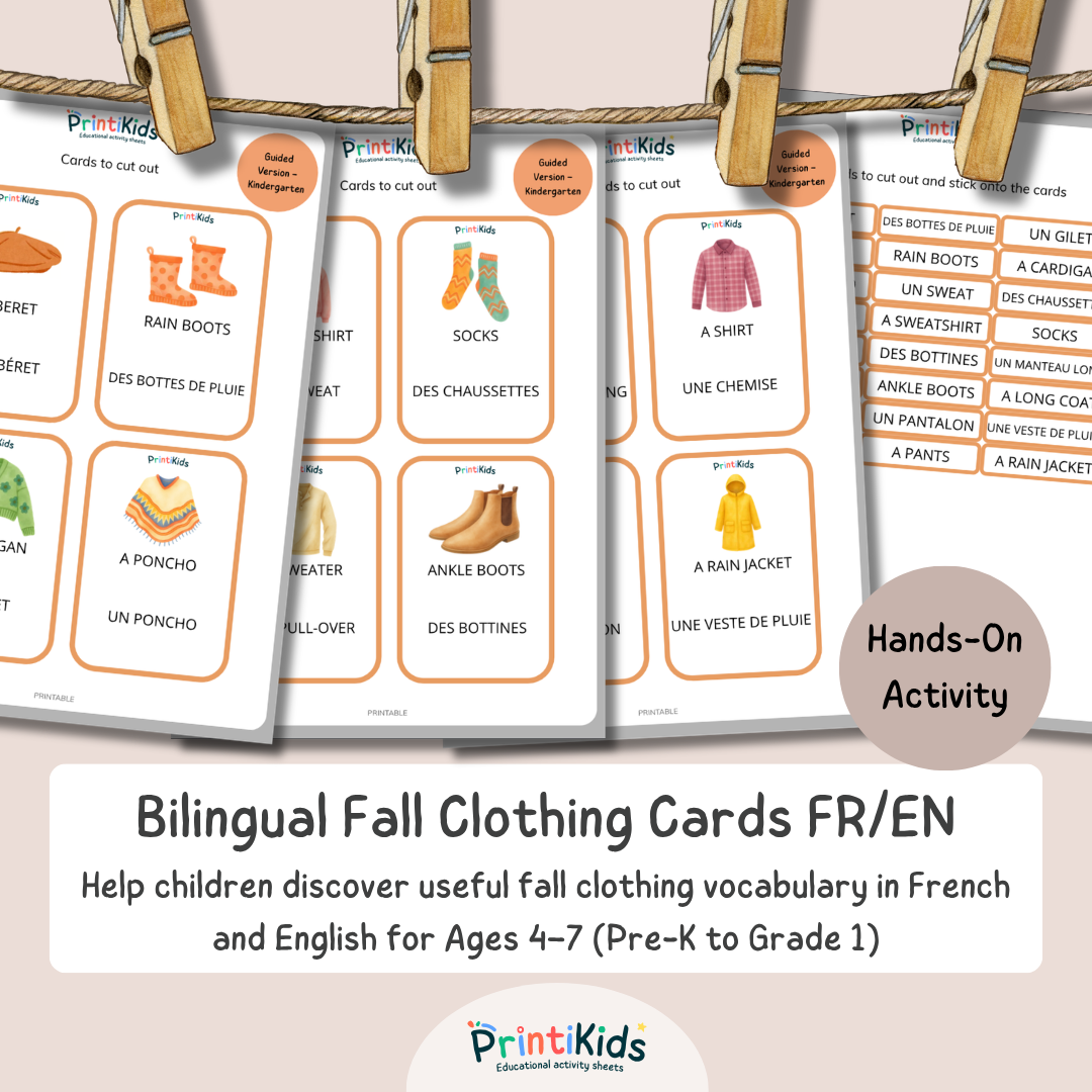 🇫🇷🇬🇧 Bilingual Clothing Flashcards for Kids –Fall vocabulary - Grade 1–2