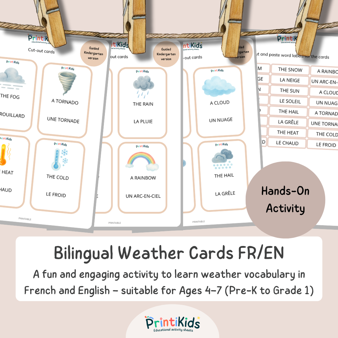 🇫🇷🇬🇧 Bilingual Weather Flashcards – French English Vocabulary Activity (Ages 5–7 | Kindergarten–Grade 1–2)