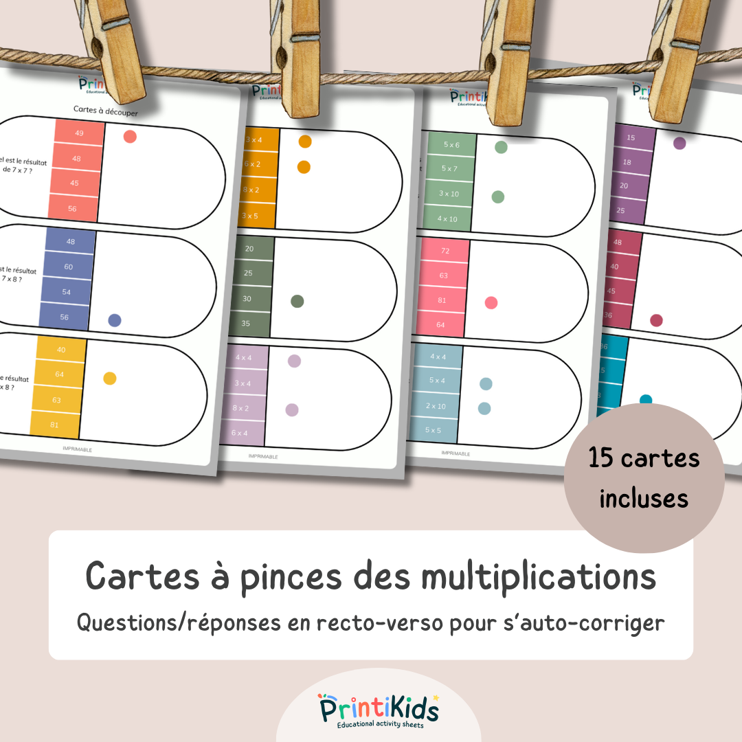 Cartes à pinces des multiplications - CE1 - CE2