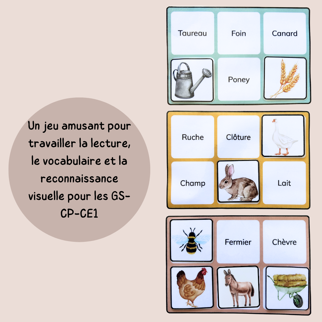 Loto de la ferme – Jeu de lecture et vocabulaire CP CE1