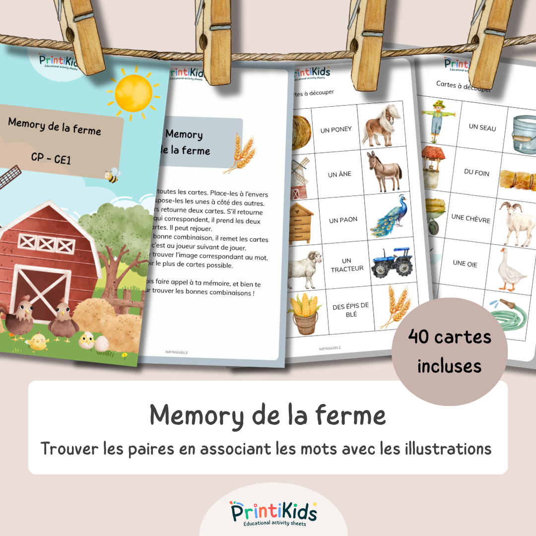 Memory de la ferme – Jeu de lecture et vocabulaire CP CE1