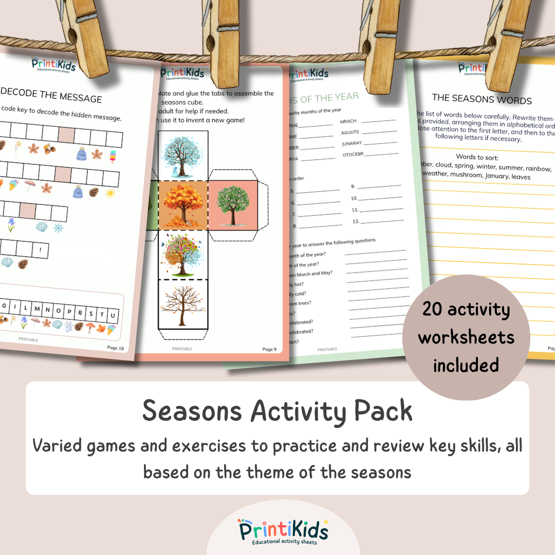 Seasons Activity Pack – 20 Worksheets (Ages 6–8 | Grade 1–2 / Year 2–3)