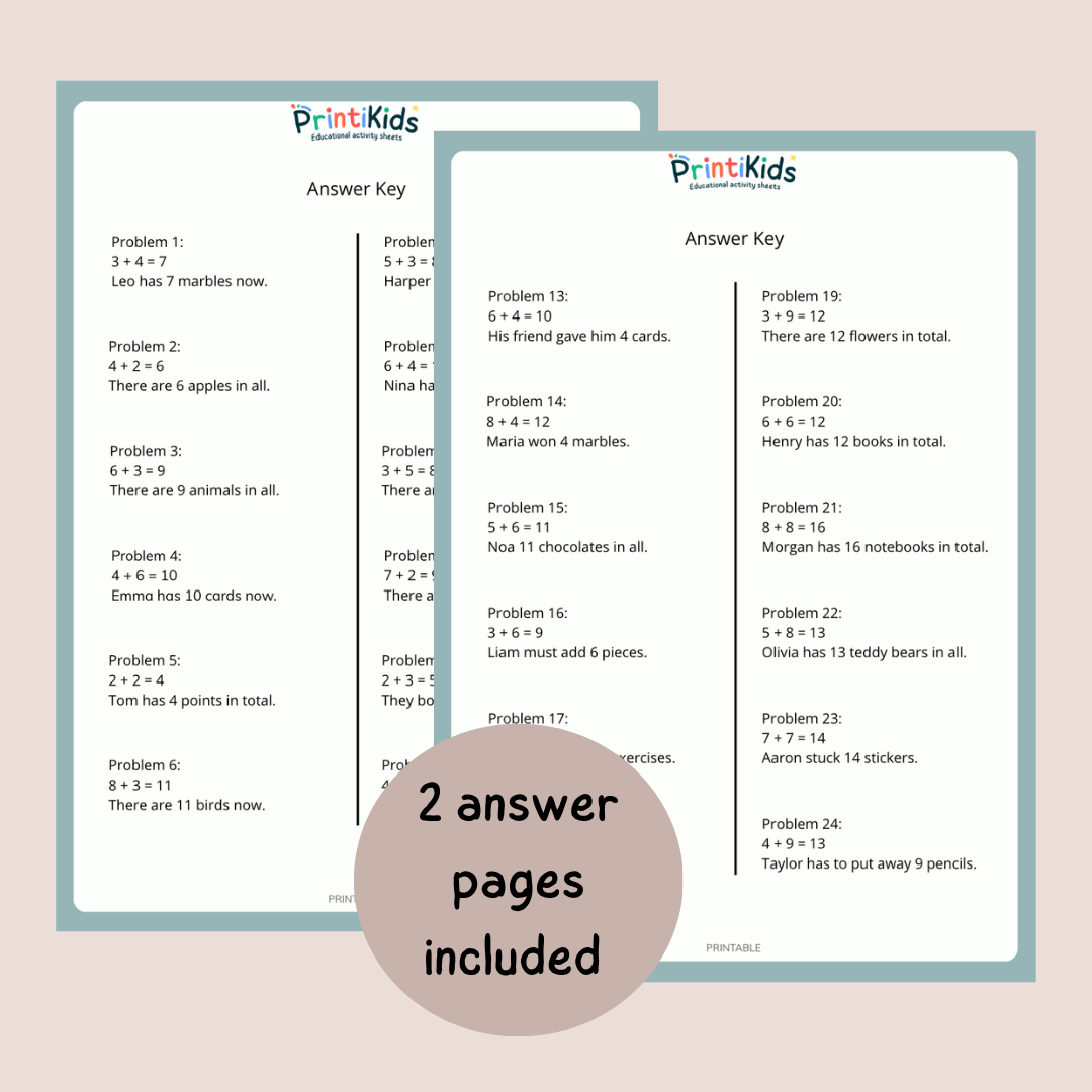 Simple Addition Word Problems – 24 Math Exercises (Ages 6–7 | Grade 1–2 / Year 2–3)